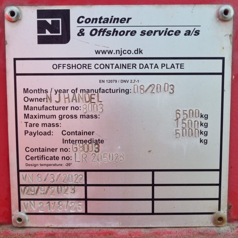 NJ Containers dataplade for offshorecontainere på basket til tønder G8003